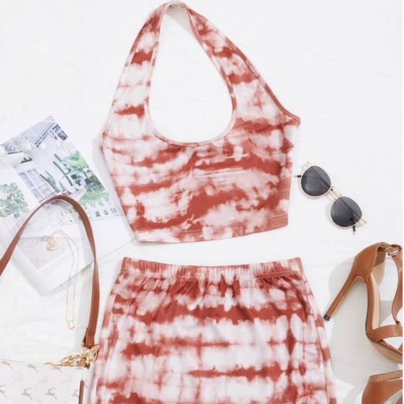 Plus Tie Dye Halter Top & Slit Hem Skirt - Picture 1 of 5